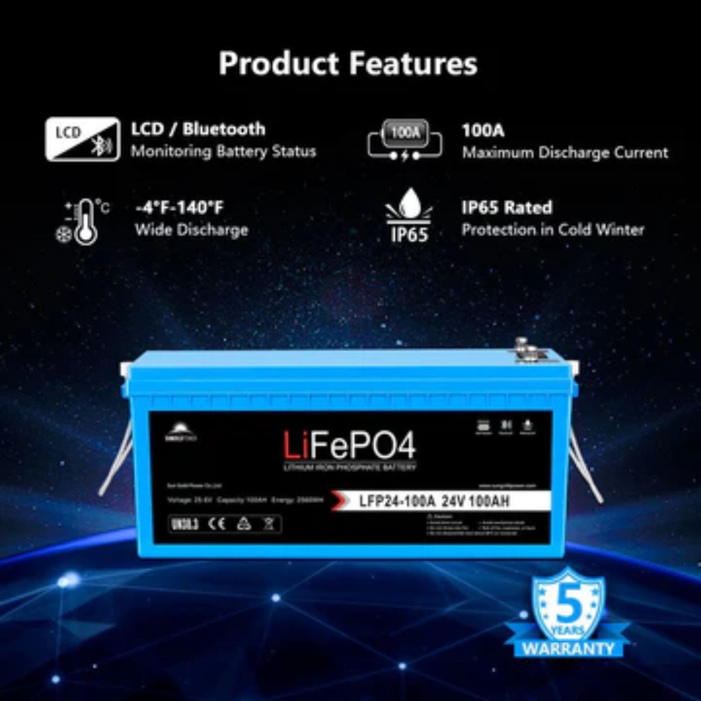 24V 100AH LiFePO4 Deep Cycle Lithium Battery / Bluetooth /Self-heating / IP65