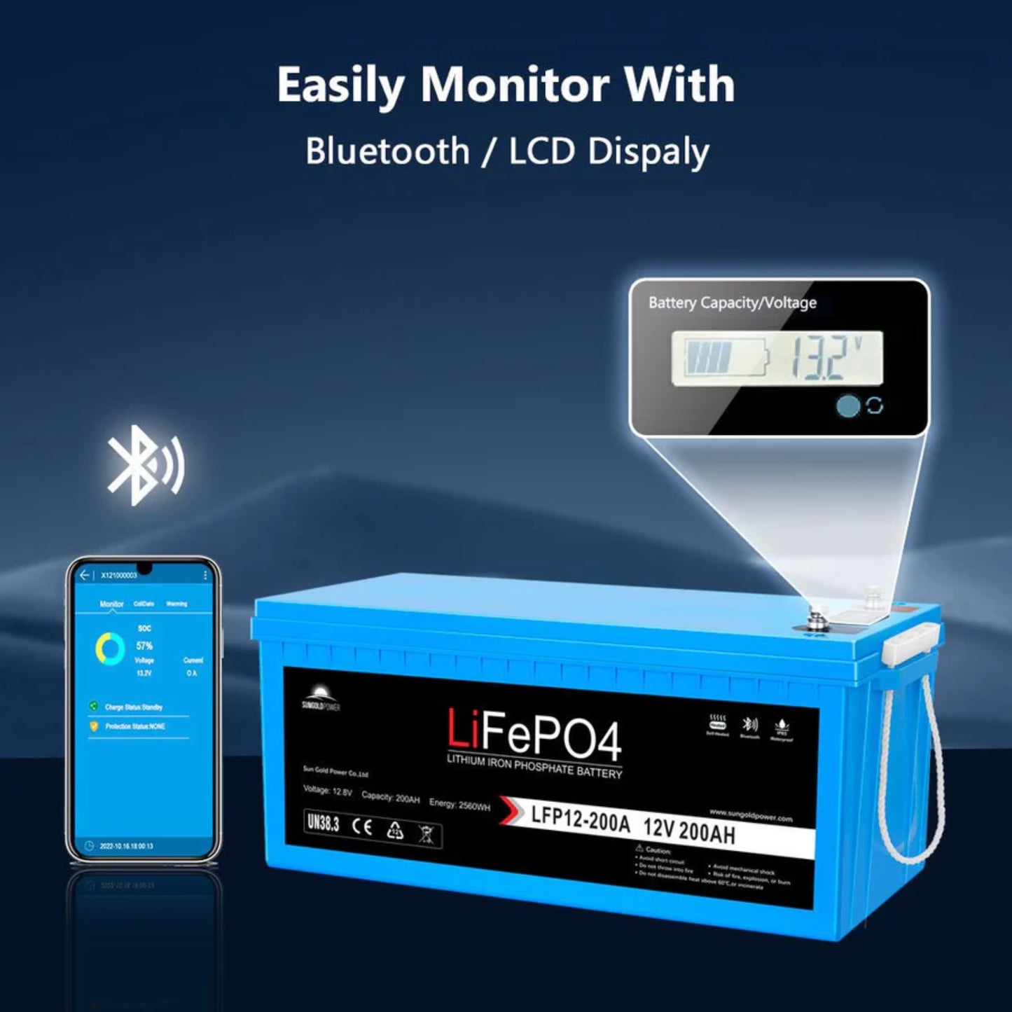 12V 200AH LiFePO4 Deep Cycle Lithium Battery / Bluetooth /Self-heating / IP65