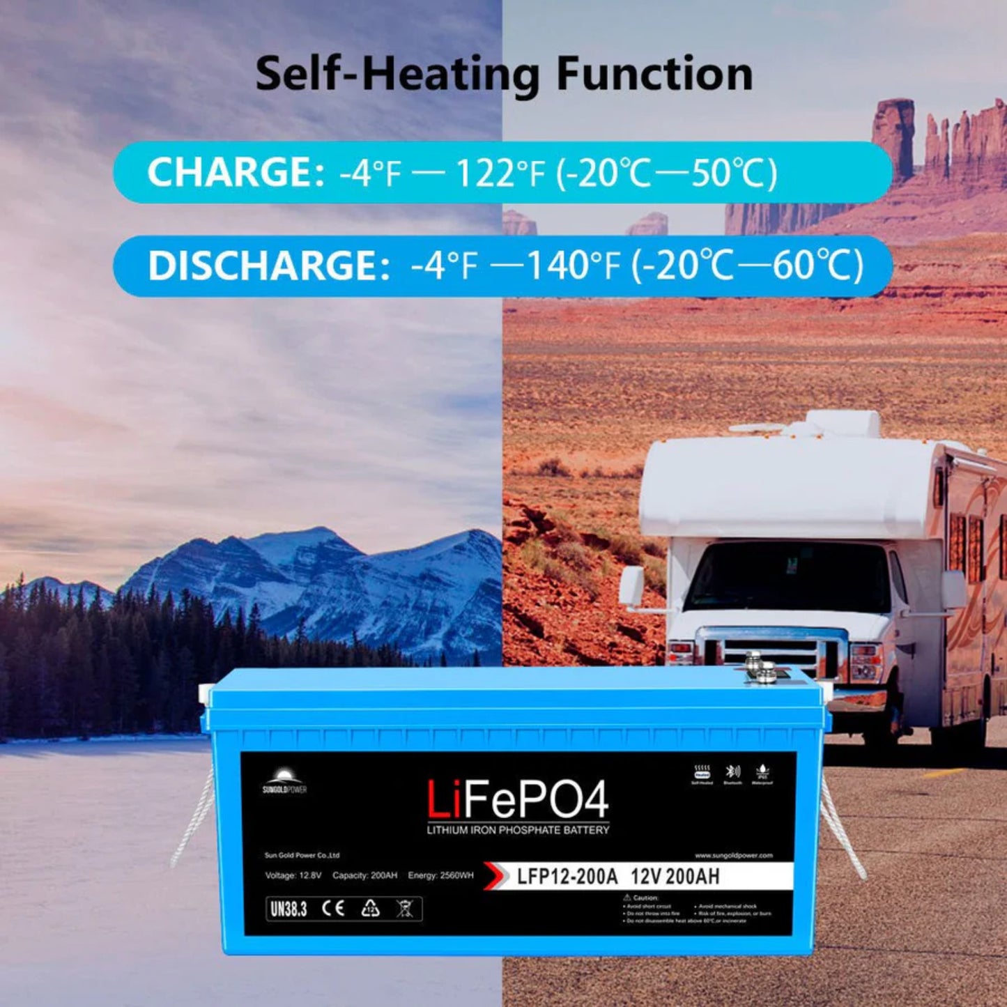 12V 200AH LiFePO4 Deep Cycle Lithium Battery / Bluetooth /Self-heating / IP65