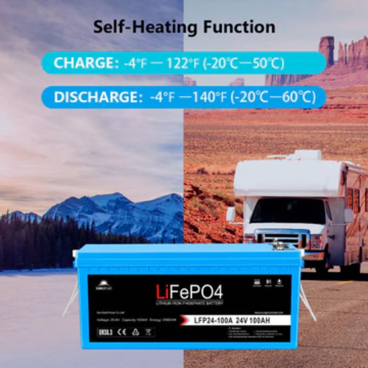 24V 100AH LiFePO4 Deep Cycle Lithium Battery / Bluetooth /Self-heating / IP65