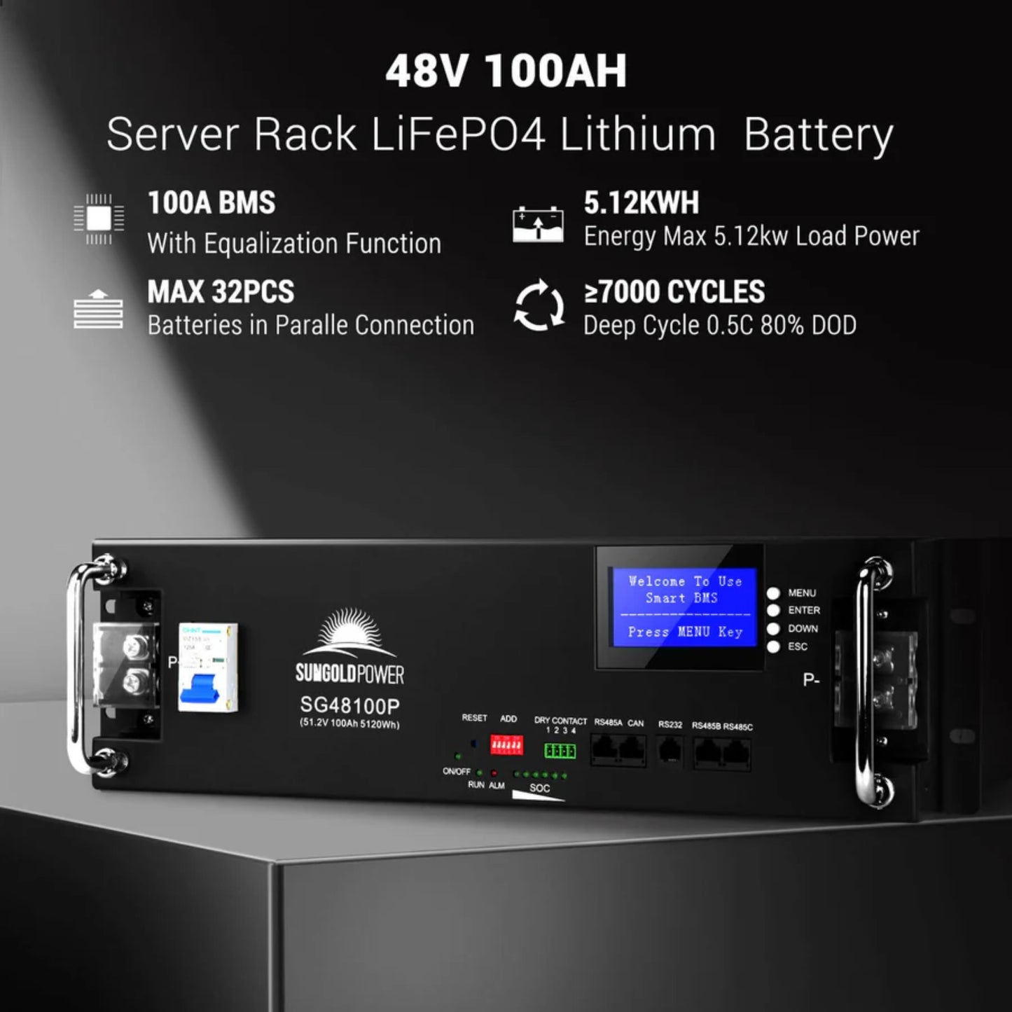 48V 100AH Server Rack LiFePO4 Lithium Battery SG48100P UL1973 UL9540A