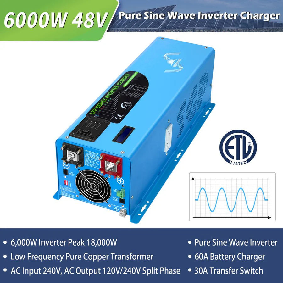 6000W DC 24V/ 48V Split Phase Pure Sine Wave Inverter With Charger