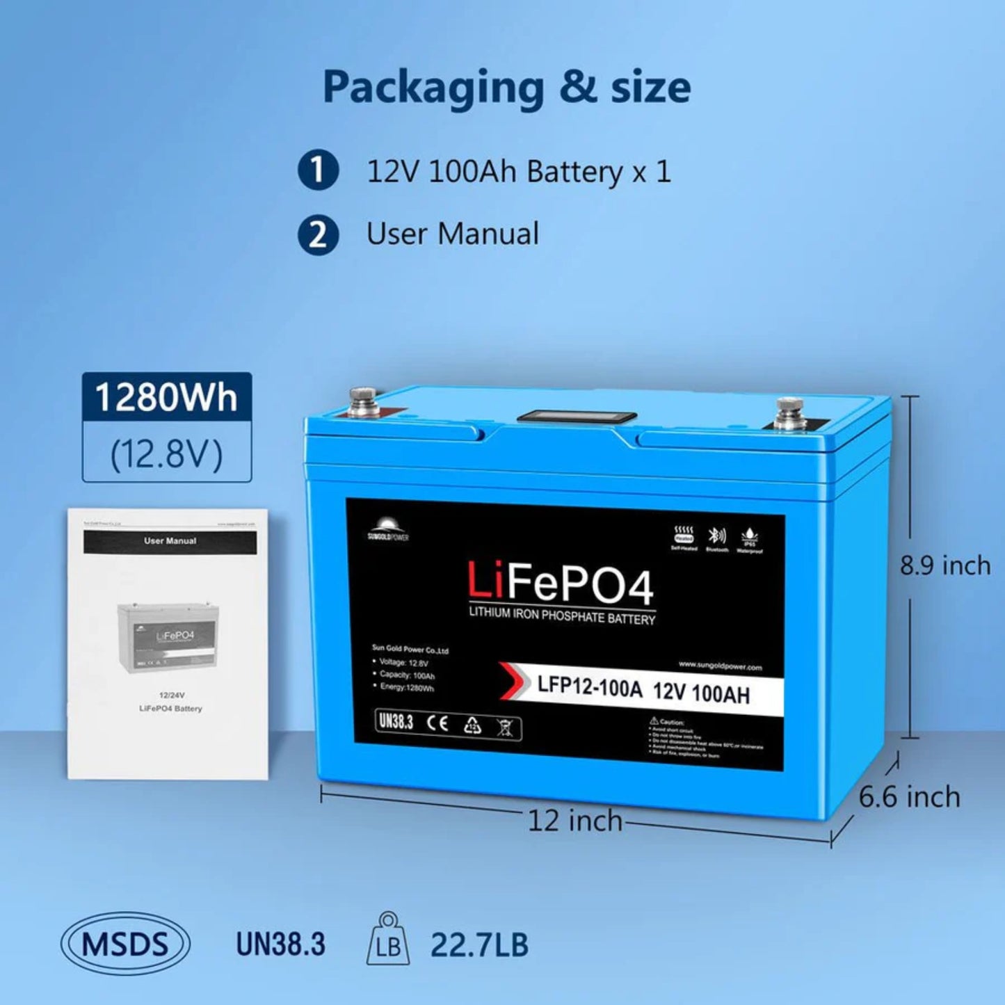 12V 100AH LiFePO4 Deep Cycle Lithium Battery / Bluetooth /Self-heating / IP65