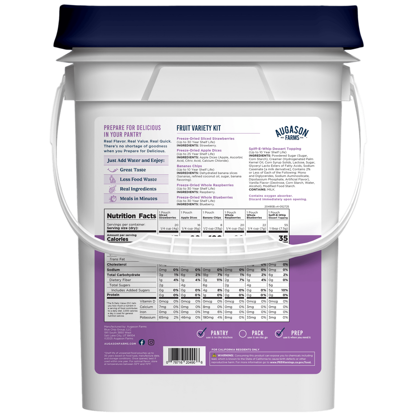 Dehydrated & Freeze Dried Fruit Variety Pail, 86 Servings